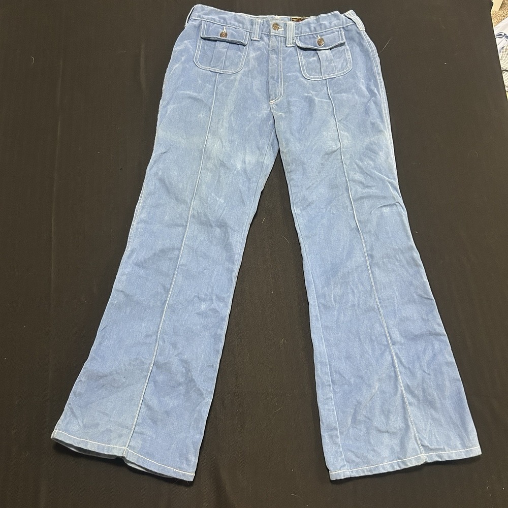 Vtg 70s National Shirt Shops Bell Bottom Flare Jeans Patch Pocket Blue Denim 33